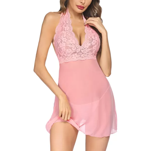 Avidlove Women Lingerie Halter Chemise Lace Babydoll Mesh Nightwear V Neck TeddyPink