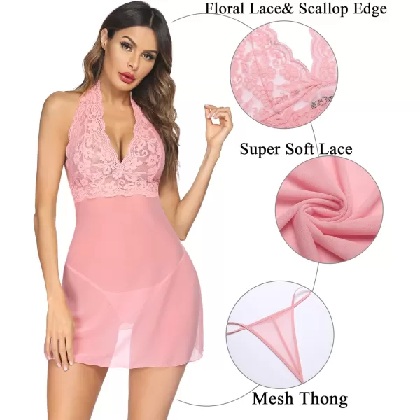 Avidlove Women Lingerie Halter Chemise Lace Babydoll Mesh Nightwear V Neck TeddyPink