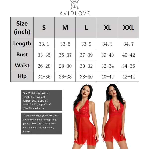 Avidlove Women Lingerie Halter Chemise Lace Babydoll Mesh Nightwear V Neck TeddyRed