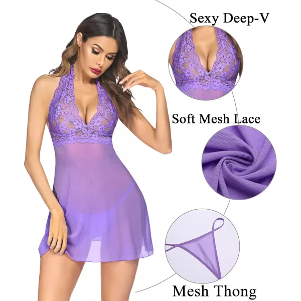 Avidlove Women Lingerie Halter Chemise Lace Babydoll Mesh Nightwear V Neck TeddyViolet