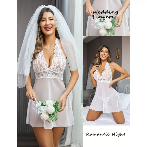 Avidlove Women Lingerie Halter Chemise Lace Babydoll Mesh Nightwear V Neck TeddyWhite