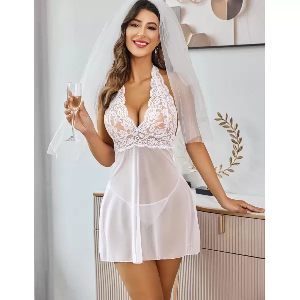Avidlove Women Lingerie Halter Chemise Lace Babydoll Mesh Nightwear V Neck TeddyWhite