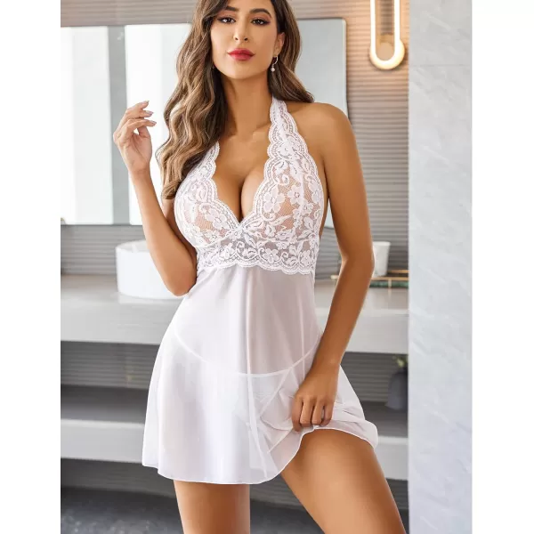 Avidlove Women Lingerie Halter Chemise Lace Babydoll Mesh Nightwear V Neck TeddyWhite