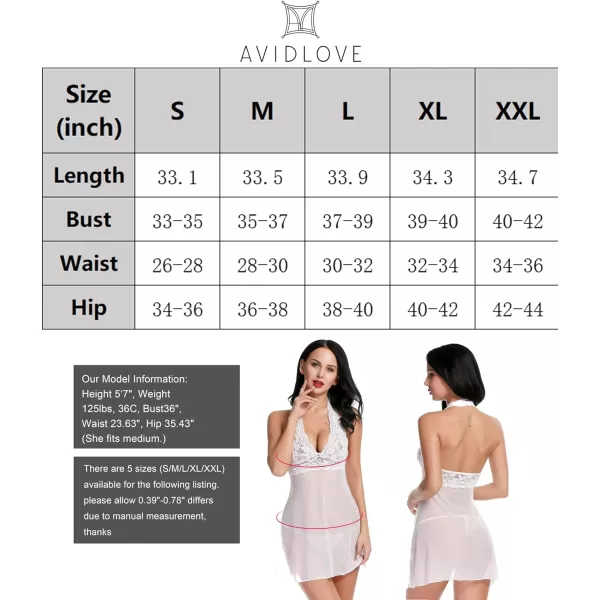 Avidlove Women Lingerie Halter Chemise Lace Babydoll Mesh Nightwear V Neck TeddyWhite