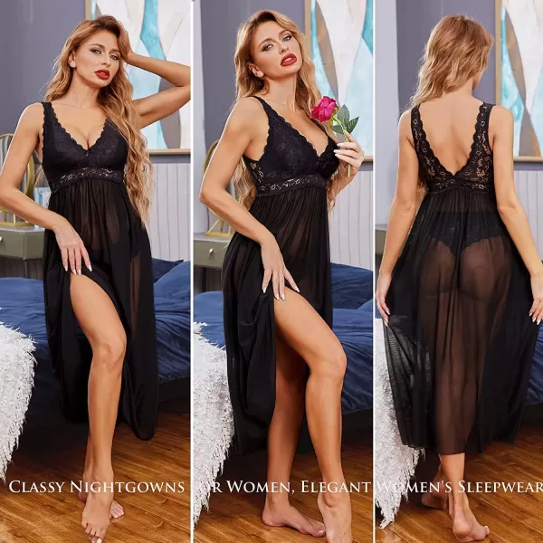 Avidlove Women Lingerie Lace Babydoll Nightdress Mesh Chemise V Neck Sleepwear1black