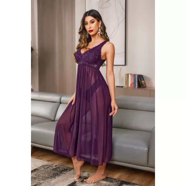 Avidlove Women Lingerie Lace Babydoll Nightdress Mesh Chemise V Neck Sleepwear1purple