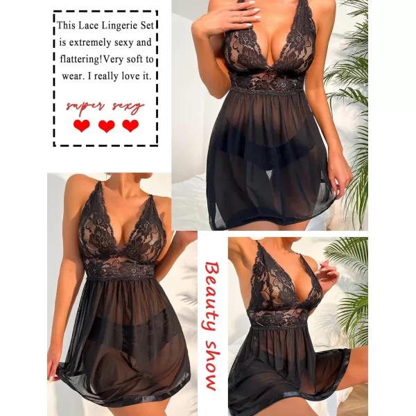 Avidlove Women Lingerie Lace Babydoll Strap Chemise Halter Teddy V Neck Mesh NightgownA Black