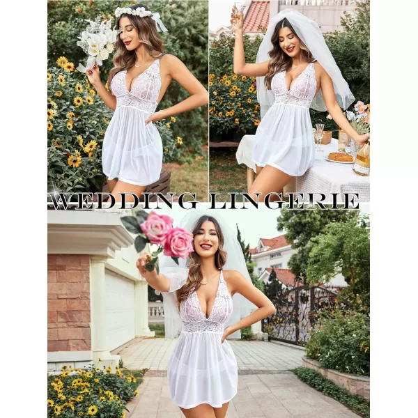 Avidlove Women Lingerie Lace Babydoll Strap Chemise Halter Teddy V Neck Mesh NightgownA White