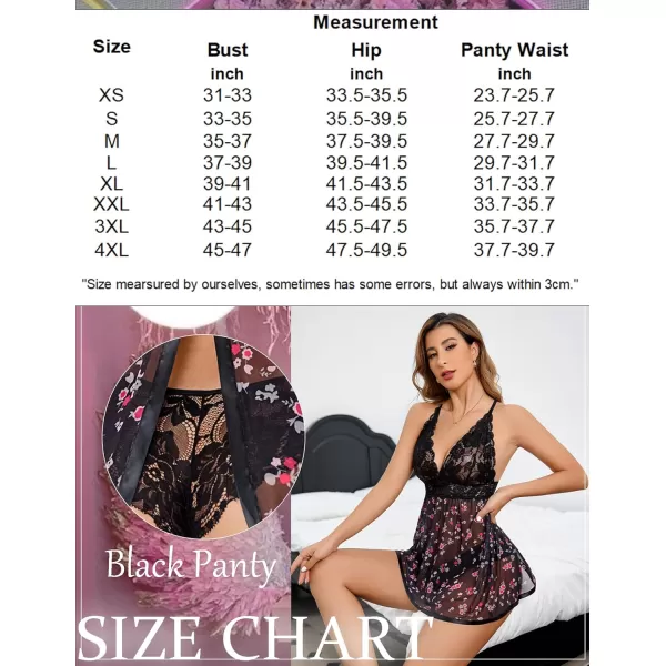 Avidlove Women Lingerie Lace Babydoll Strap Chemise Halter Teddy V Neck Mesh NightgownBlack Flower