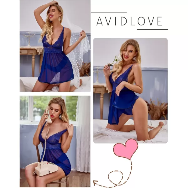 Avidlove Women Lingerie Lace Babydoll Strap Chemise Halter Teddy V Neck Mesh NightgownBlue