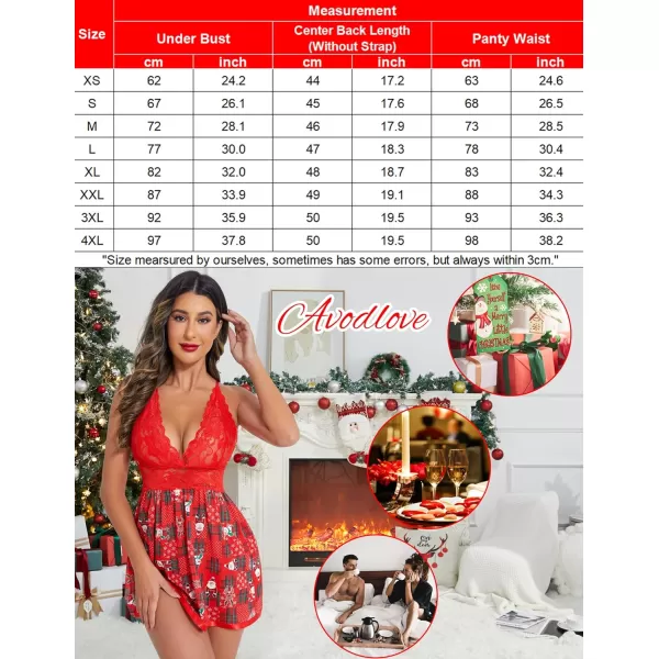 Avidlove Women Lingerie Lace Babydoll Strap Chemise Halter Teddy V Neck Mesh NightgownChristmas Print