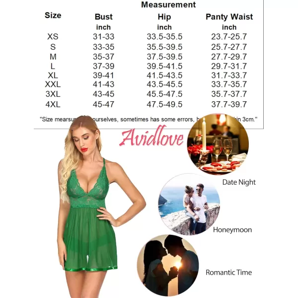 Avidlove Women Lingerie Lace Babydoll Strap Chemise Halter Teddy V Neck Mesh NightgownDark Green