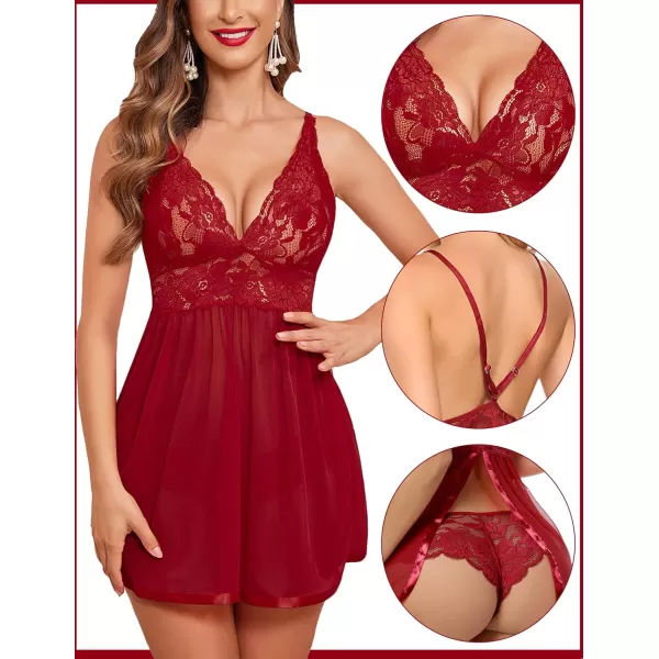 Avidlove Women Lingerie Lace Babydoll Strap Chemise Halter Teddy V Neck Mesh NightgownDark Red