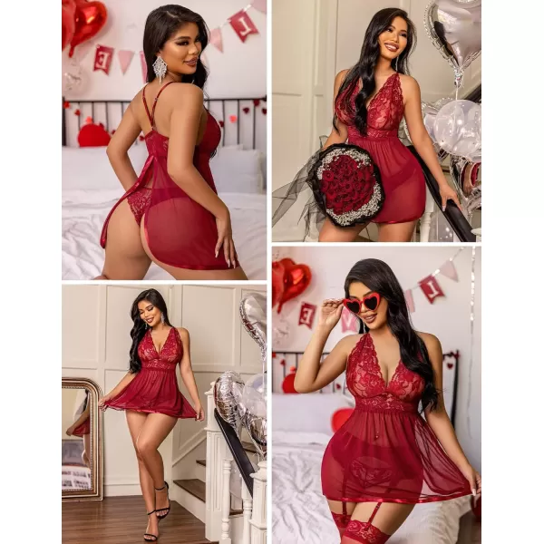 Avidlove Women Lingerie Lace Babydoll Strap Chemise Halter Teddy V Neck Mesh NightgownDark Red