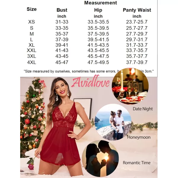 Avidlove Women Lingerie Lace Babydoll Strap Chemise Halter Teddy V Neck Mesh NightgownDark Red