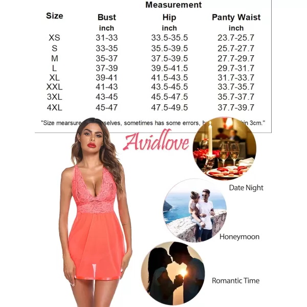 Avidlove Women Lingerie Lace Babydoll Strap Chemise Halter Teddy V Neck Mesh NightgownFluorescent Orange