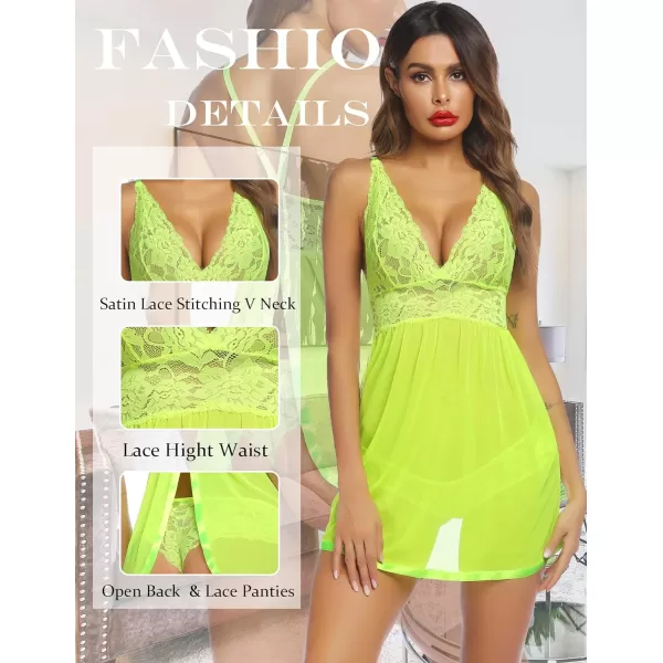 Avidlove Women Lingerie Lace Babydoll Strap Chemise Halter Teddy V Neck Mesh NightgownFluorescent Yellow