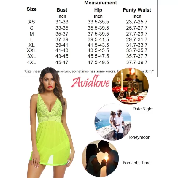 Avidlove Women Lingerie Lace Babydoll Strap Chemise Halter Teddy V Neck Mesh NightgownFluorescent Yellow