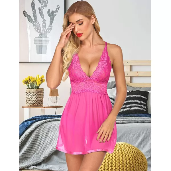 Avidlove Women Lingerie Lace Babydoll Strap Chemise Halter Teddy V Neck Mesh NightgownHot Pink