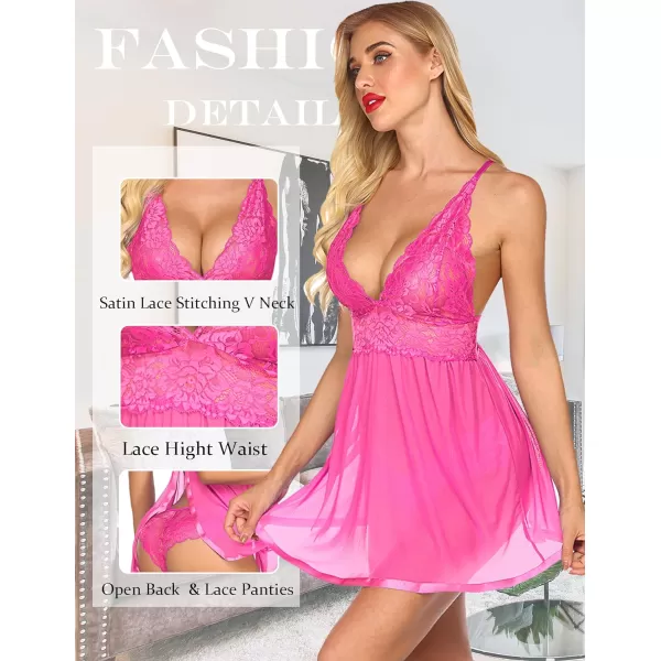 Avidlove Women Lingerie Lace Babydoll Strap Chemise Halter Teddy V Neck Mesh NightgownHot Pink