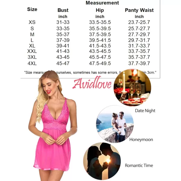 Avidlove Women Lingerie Lace Babydoll Strap Chemise Halter Teddy V Neck Mesh NightgownHot Pink