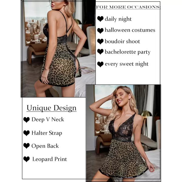 Avidlove Women Lingerie Lace Babydoll Strap Chemise Halter Teddy V Neck Mesh NightgownLeopard Print