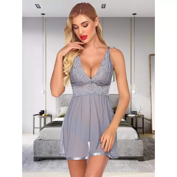 Avidlove Women Lingerie Lace Babydoll Strap Chemise Halter Teddy V Neck Mesh NightgownLight Gray