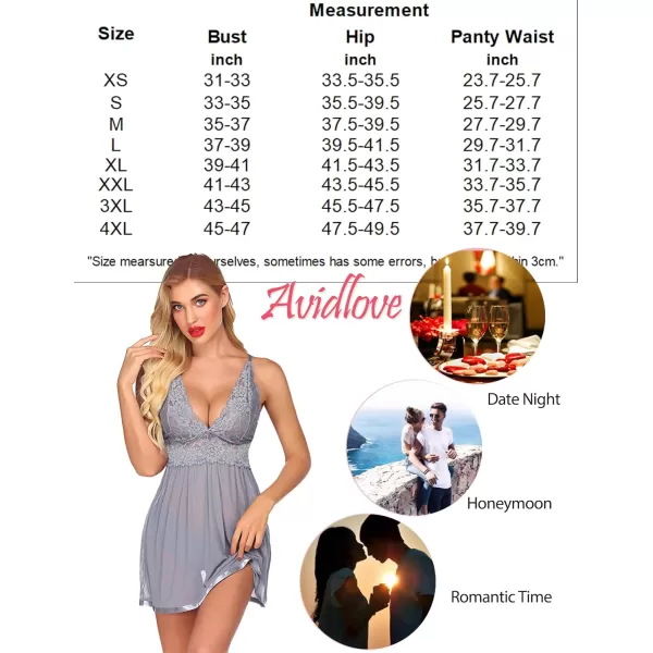 Avidlove Women Lingerie Lace Babydoll Strap Chemise Halter Teddy V Neck Mesh NightgownLight Gray