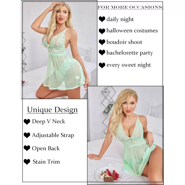 Avidlove Women Lingerie Lace Babydoll Strap Chemise Halter Teddy V Neck Mesh NightgownLight Green