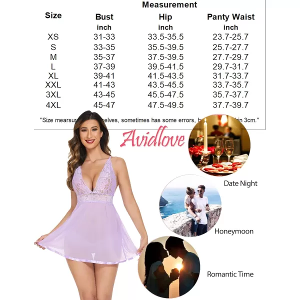 Avidlove Women Lingerie Lace Babydoll Strap Chemise Halter Teddy V Neck Mesh NightgownLight Purple