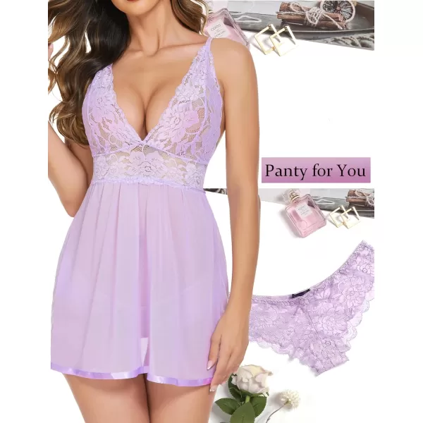 Avidlove Women Lingerie Lace Babydoll Strap Chemise Halter Teddy V Neck Mesh NightgownLight Purple