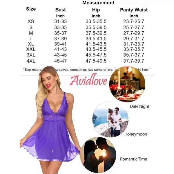 Avidlove Women Lingerie Lace Babydoll Strap Chemise Halter Teddy V Neck Mesh NightgownLilac Purple