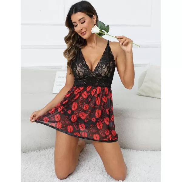 Avidlove Women Lingerie Lace Babydoll Strap Chemise Halter Teddy V Neck Mesh NightgownLip Print