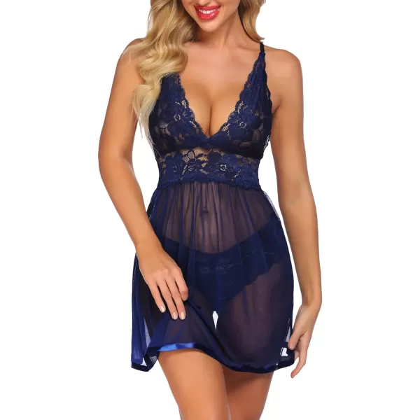 Avidlove Women Lingerie Lace Babydoll Strap Chemise Halter Teddy V Neck Mesh NightgownNavy Blue