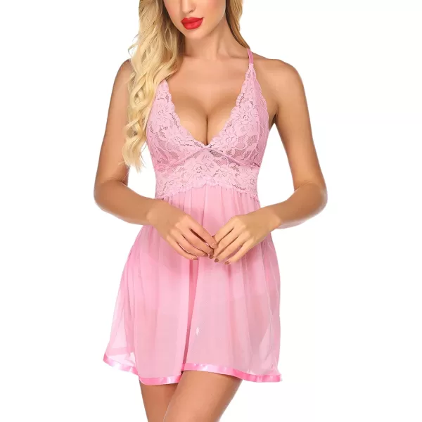 Avidlove Women Lingerie Lace Babydoll Strap Chemise Halter Teddy V Neck Mesh NightgownPink