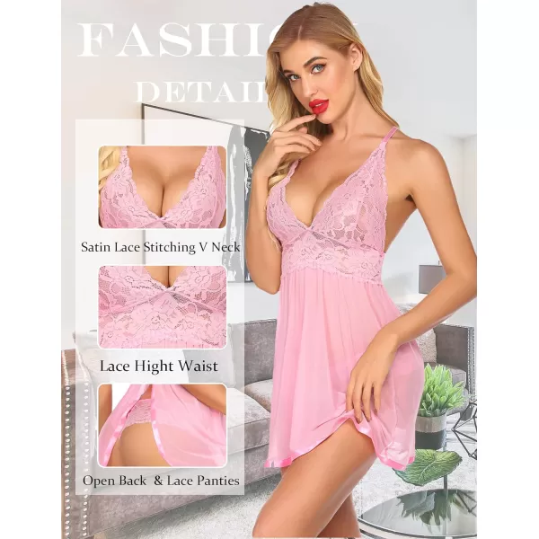 Avidlove Women Lingerie Lace Babydoll Strap Chemise Halter Teddy V Neck Mesh NightgownPink