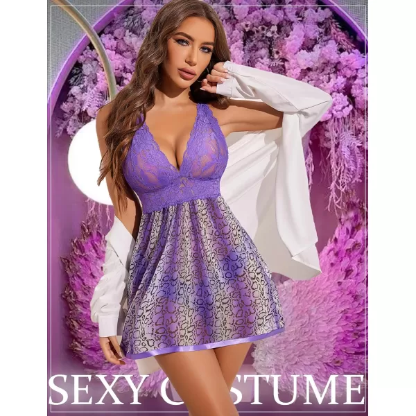 Avidlove Women Lingerie Lace Babydoll Strap Chemise Halter Teddy V Neck Mesh NightgownPurple Leopard