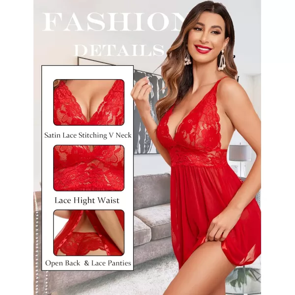 Avidlove Women Lingerie Lace Babydoll Strap Chemise Halter Teddy V Neck Mesh NightgownRed