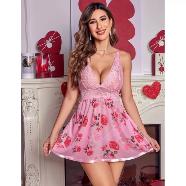 Avidlove Women Lingerie Lace Babydoll Strap Chemise Halter Teddy V Neck Mesh NightgownRoses Print