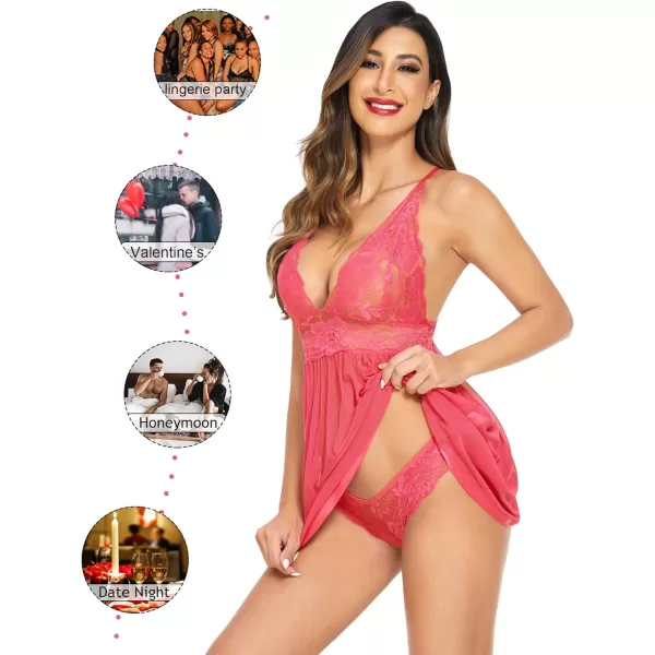 Avidlove Women Lingerie Lace Babydoll Strap Chemise Halter Teddy V Neck Mesh NightgownWatermelon Red