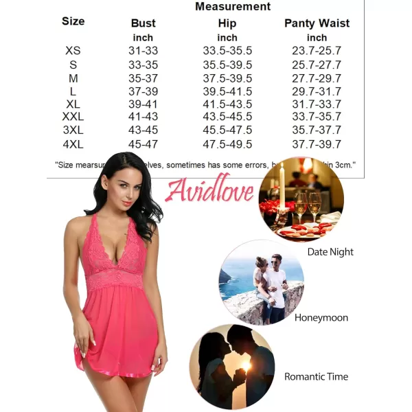 Avidlove Women Lingerie Lace Babydoll Strap Chemise Halter Teddy V Neck Mesh NightgownWatermelon Red