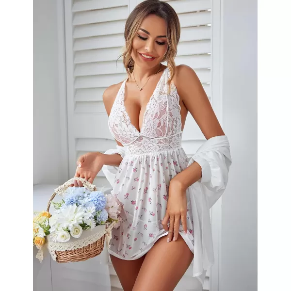 Avidlove Women Lingerie Lace Babydoll Strap Chemise Halter Teddy V Neck Mesh NightgownWhite Flower