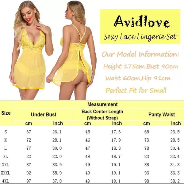 Avidlove Women Lingerie Lace Babydoll Strap Chemise Halter Teddy V Neck Mesh NightgownYellow