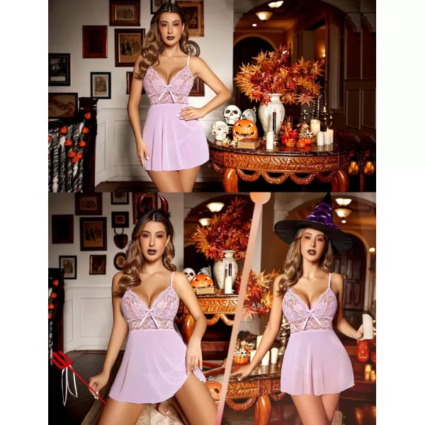 Avidlove Women Lingerie Lace Babydoll Strap Chemise Halter Teddy V Neck SleepwearLight Purple