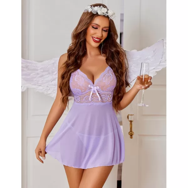 Avidlove Women Lingerie Lace Babydoll Strap Chemise Halter Teddy V Neck SleepwearLilac