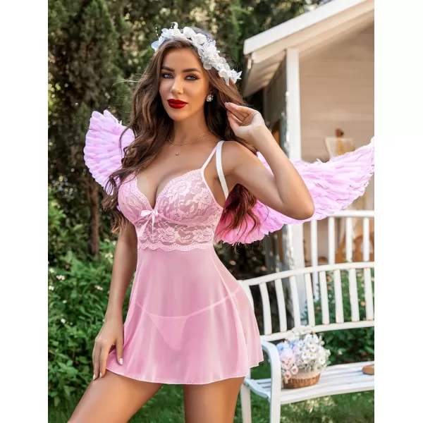Avidlove Women Lingerie Lace Babydoll Strap Chemise Halter Teddy V Neck SleepwearPink