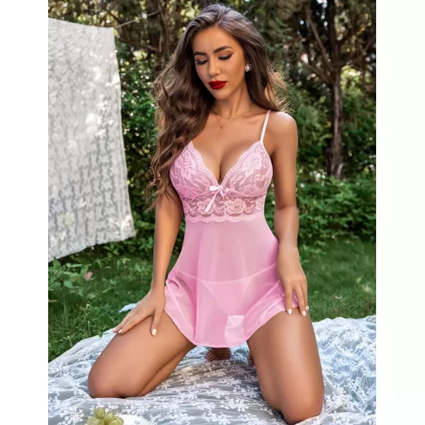 Avidlove Women Lingerie Lace Babydoll Strap Chemise Halter Teddy V Neck SleepwearPink