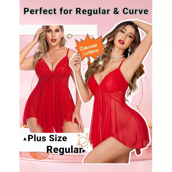 Avidlove Women Lingerie Lace Babydoll V Neck Sexy Sleepwear Strap ChemiseBright Red