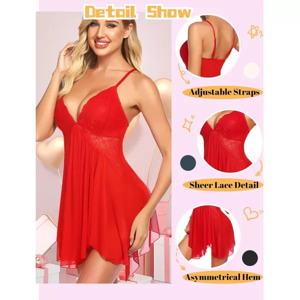 Avidlove Women Lingerie Lace Babydoll V Neck Sexy Sleepwear Strap ChemiseBright Red