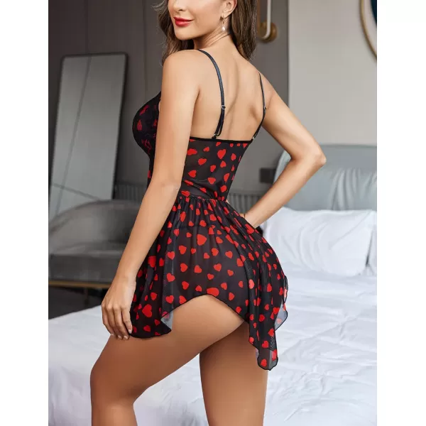 Avidlove Women Lingerie Lace Babydoll V Neck Sexy Sleepwear Strap ChemiseHeart Print